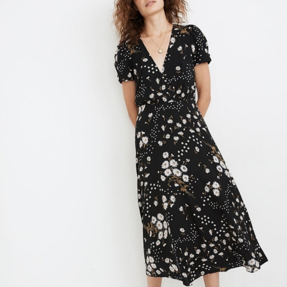Madewell Puff-Sleeve Wrap-Front Midi Dress in Polka Daisies